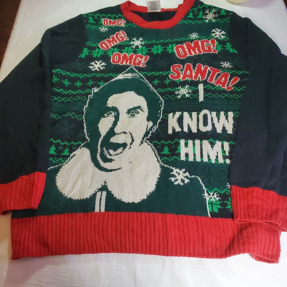 ELF Movie Christmas Sweater Mens Large Green Santa I Know Him Pullover Knit
